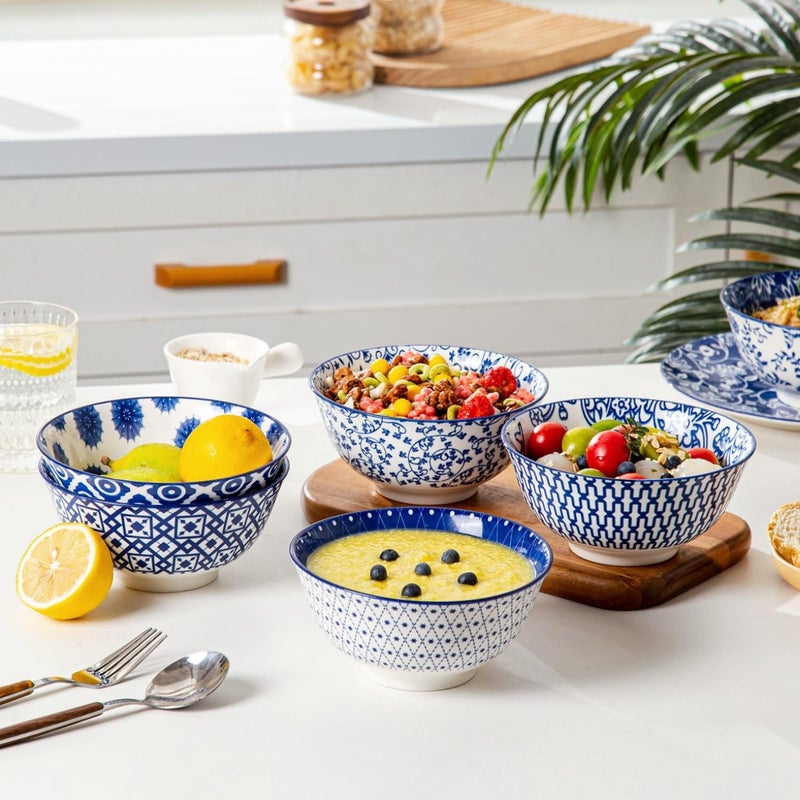 Cerkik Ceramic Soup Bowls Set - 24 Oz Deep Cereal Bowl for Kitchen - 6 Inch Large Porcelain Dinner Bowl Eating Salad Pasta Dessert Oatmeal - Microwave Dishwasher Safe - Set of 6 - Vintage Blue - Image 5