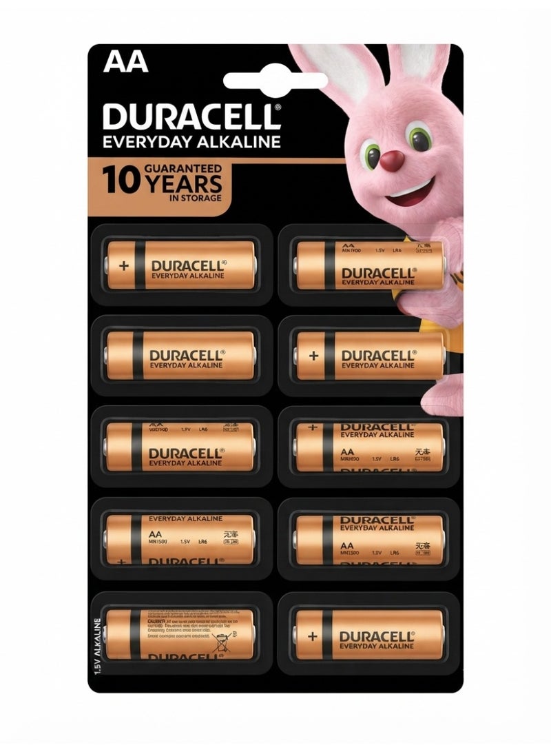 Duracell AA Alkaline Batteries 10 Pack – 1.5V Long Lasting Double A Batteries, Everyday Alkaline Power Cells with 10-Year Shelf Life for Remote Controls, Toys, Clocks, Flashlights & Household Devices - Image 1