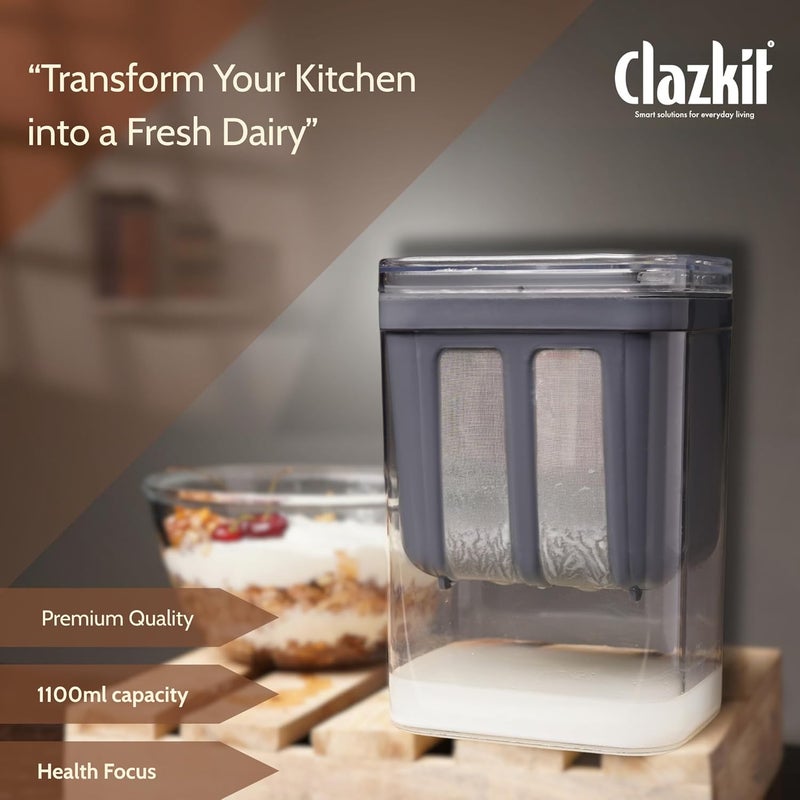Clazkit 1400ml Hung Curd & Greek Yogurt Maker | Fine Mesh Strainer with Lid | Multifunctional Whey Separator & Curd Filter - Image 3