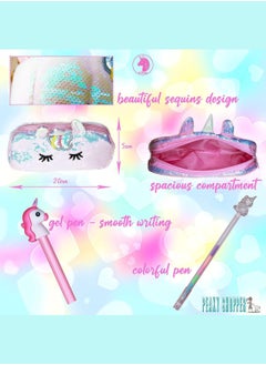 PEAKY KIDS Peaky Kids Unicorn Pencil Case for Girls, Multi Slot Large Capacity Fluffy Pencil Case for Kids with Gel Pens, Eraser, Stickers & Tattoos, Cute Pencil Pouch for Girls & Kids Gift Set - Glamorous Pink  - Image 4