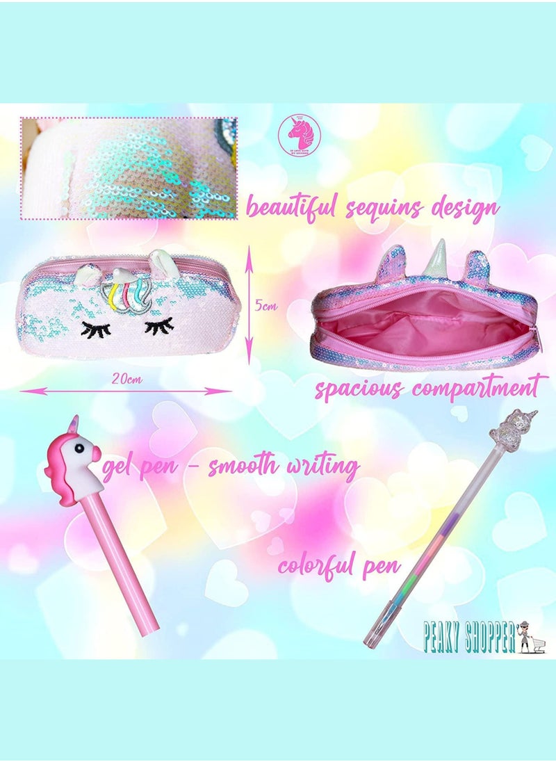 PEAKY KIDS Peaky Kids Unicorn Pencil Case for Girls, Multi Slot Large Capacity Fluffy Pencil Case for Kids with Gel Pens, Eraser, Stickers & Tattoos, Cute Pencil Pouch for Girls & Kids Gift Set - Glamorous Pink  - Image 4