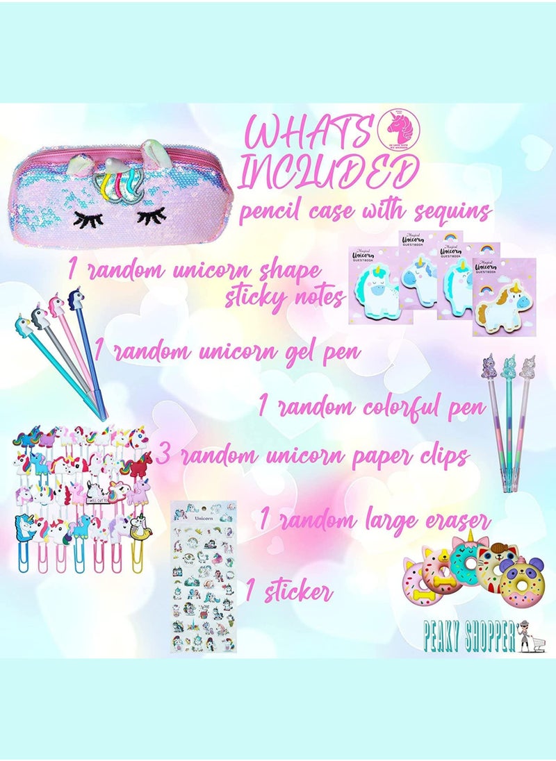 PEAKY KIDS Peaky Kids Unicorn Pencil Case for Girls, Multi Slot Large Capacity Fluffy Pencil Case for Kids with Gel Pens, Eraser, Stickers & Tattoos, Cute Pencil Pouch for Girls & Kids Gift Set - Glamorous Pink  - Image 2