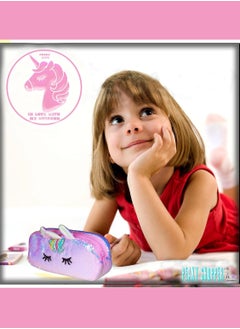 PEAKY KIDS Peaky Kids Unicorn Pencil Case for Girls, Multi Slot Large Capacity Fluffy Pencil Case for Kids with Gel Pens, Eraser, Stickers & Tattoos, Cute Pencil Pouch for Girls & Kids Gift Set - Glamorous Pink  - Image 3