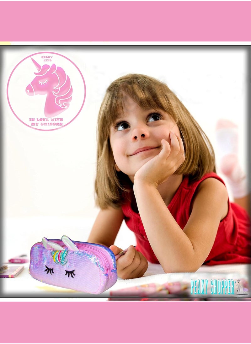 PEAKY KIDS Peaky Kids Unicorn Pencil Case for Girls, Multi Slot Large Capacity Fluffy Pencil Case for Kids with Gel Pens, Eraser, Stickers & Tattoos, Cute Pencil Pouch for Girls & Kids Gift Set - Glamorous Pink  - Image 3