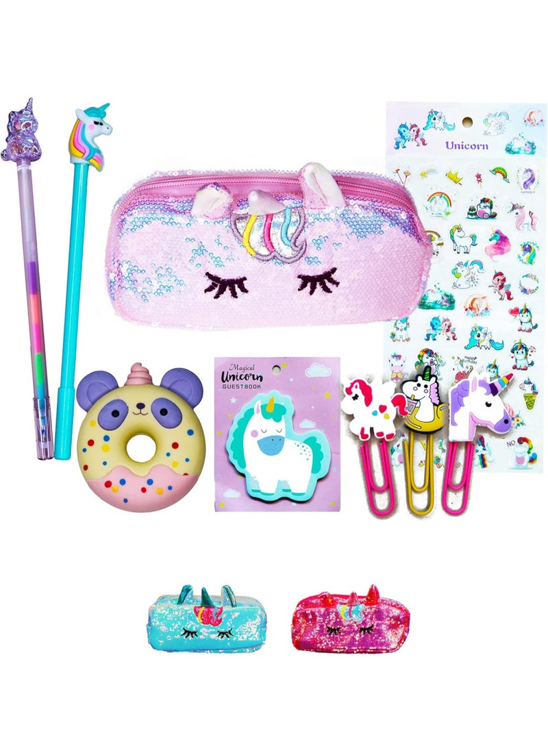 PEAKY KIDS Peaky Kids Unicorn Pencil Case for Girls, Multi Slot Large Capacity Fluffy Pencil Case for Kids with Gel Pens, Eraser, Stickers & Tattoos, Cute Pencil Pouch for Girls & Kids Gift Set - Glamorous Pink  - Image 1