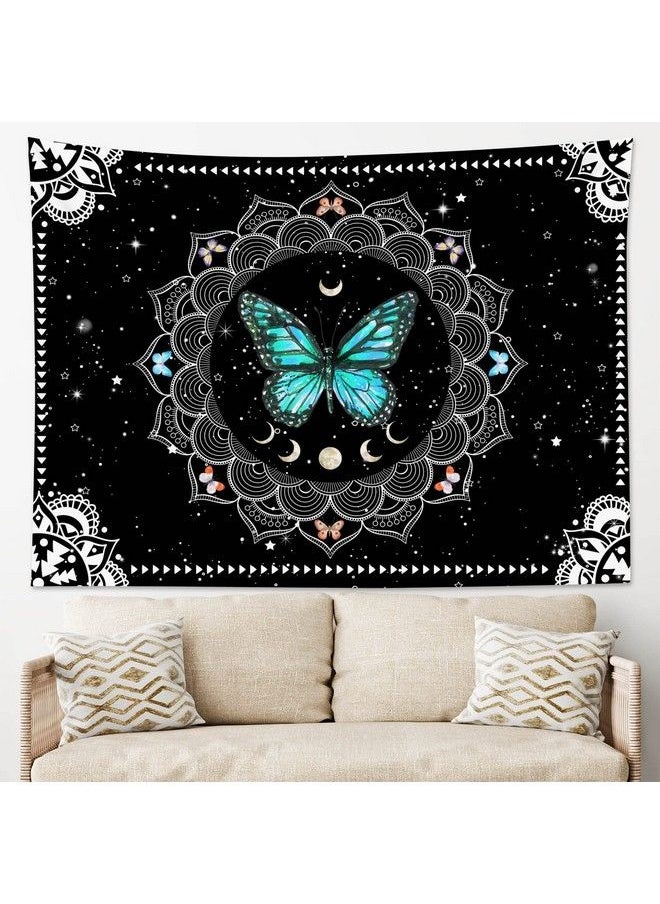 LB Butterfly Wall Tapestry Trippy Teal Butterfly Tapestries Black And White Bohemian Mandala Wall Hanging Vintage Moon Phase Aesthetic Tapestry For Bedroom Living Room Decor Home Decor 80X60 Inches  - Image 5