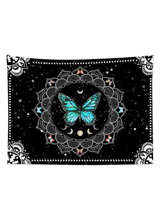 LB Butterfly Wall Tapestry Trippy Teal Butterfly Tapestries Black And White Bohemian Mandala Wall Hanging Vintage Moon Phase Aesthetic Tapestry For Bedroom Living Room Decor Home Decor 80X60 Inches  - Image 3