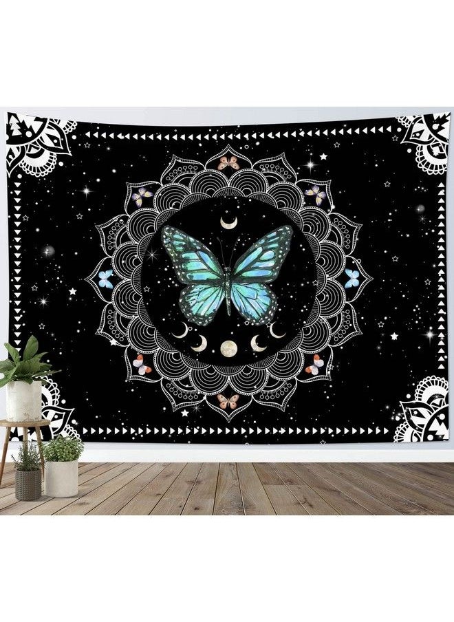 LB Butterfly Wall Tapestry Trippy Teal Butterfly Tapestries Black And White Bohemian Mandala Wall Hanging Vintage Moon Phase Aesthetic Tapestry For Bedroom Living Room Decor Home Decor 80X60 Inches  - Image 2