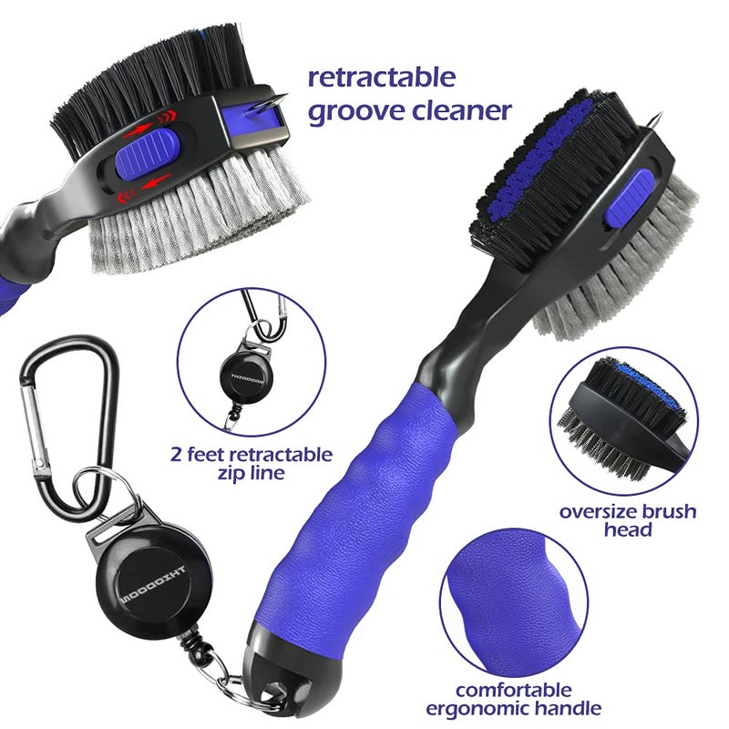 THIODOON 2 Pack Golf Club Brushes and Groove Cleaner 2 ft Retractable Zipline Carabiner Oversized Golf Brush Head with Retractable Spike Comfortable Grip Golf Club Cleaner - Image 3