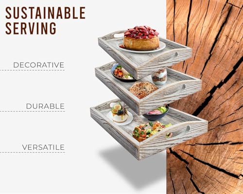 Comfify Serving Trays Set of 3 - Ottoman Wood Trays for Entertainment, Food and Decor - Rustic Farmhouse Distressed Wood Finish - Rustic White - Image 5