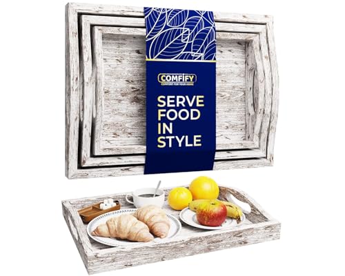 Comfify Serving Trays Set of 3 - Ottoman Wood Trays for Entertainment, Food and Decor - Rustic Farmhouse Distressed Wood Finish - Rustic White - Image 1