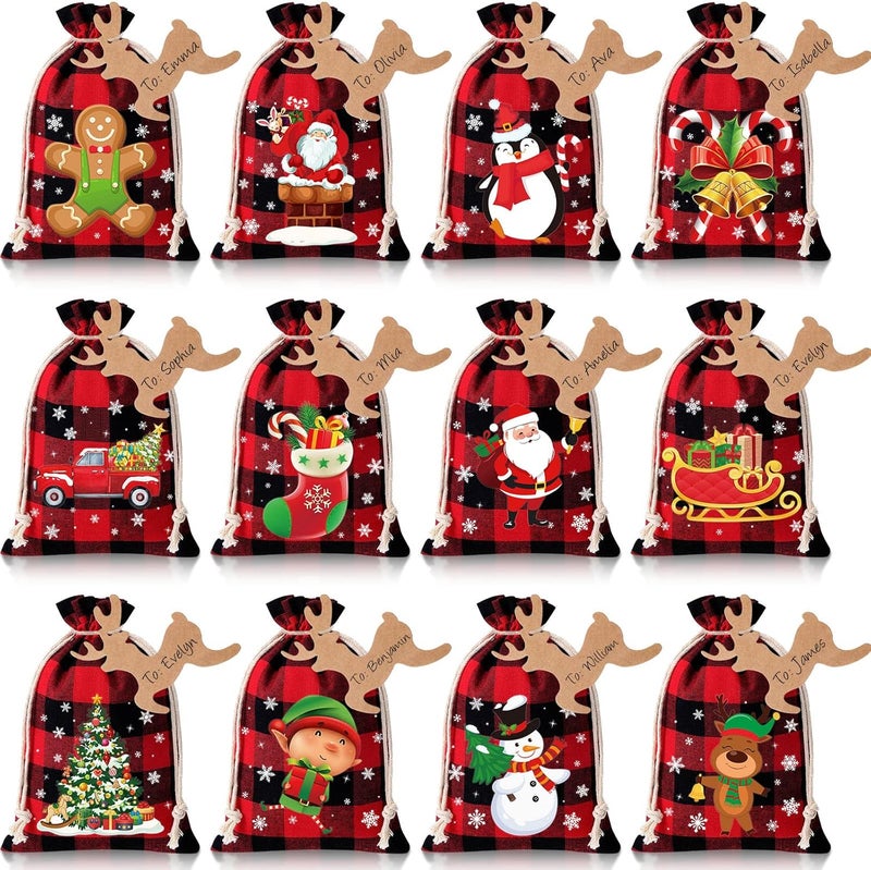 Shappy 24 Pcs Christmas Burlap Gift Bags, Small Treat Goody Bags with Drawstrings for Christmas, Featuring 12 Designs for Xmas and New Year Party Favors and Supplies(Beautiful Style,5.5 x 4 Inch) - Image 1