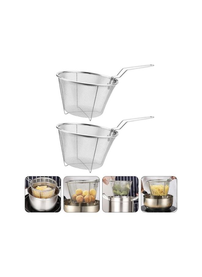 WYBOT - Sieve Colander 2Pcs Food Strainers Basket Deep Fry Basket Stainless Steel Fry Basket Holder Round Wire Fry Basket Fry Accessory Basket Frying Basket Folding - Image 1