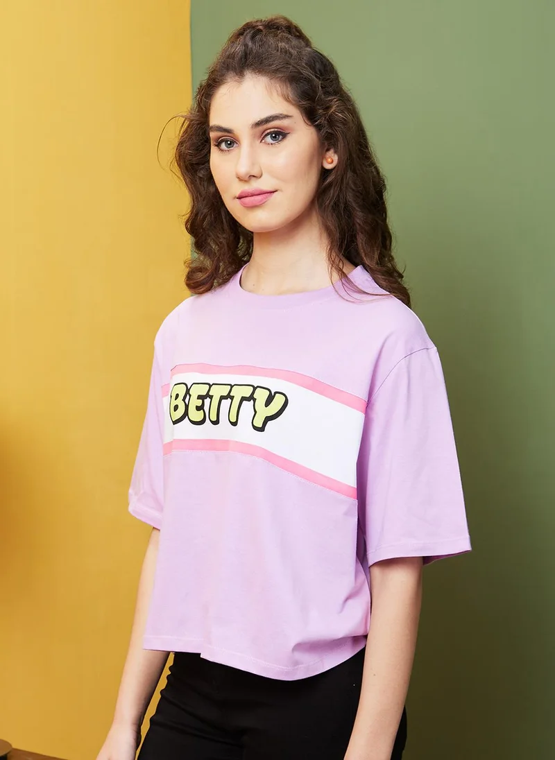 globus Globus Women Lavender & Yellow Typography Printed Boxy Pure Cotton T-Shirt