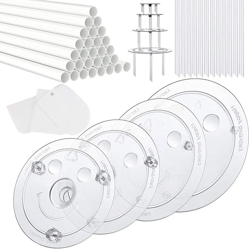 Jtuxcke 20 Plastic Cake Sticks Support Rods and 12 Clear Cake Stacking Dowels with 4 Cake Separator Board for 4 6 8 10 Inch Cakes and 3 Pieces Cake ScrapersPlastic Cake Dowel Rods Set