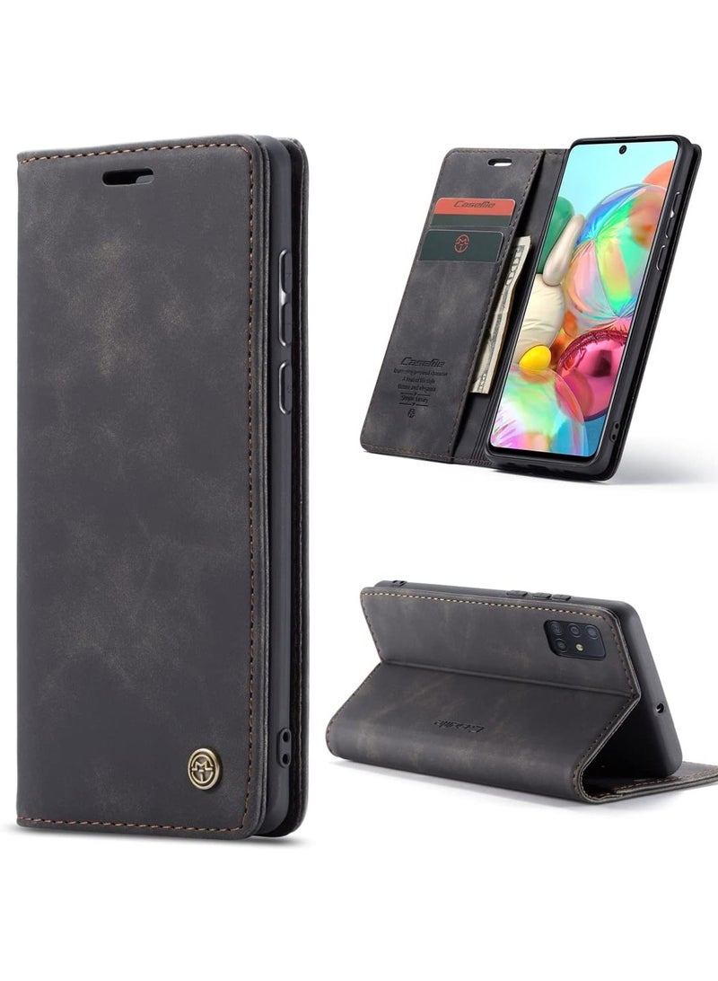 CaseMe Phone Case Luxury PU Leather Design 013 Flip Cover Card Slot Holder Cover For Samsung Galaxy A71 (Black)  - Image 1