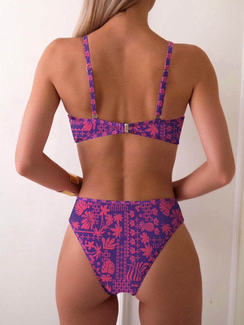 Fanuerg Women's Triangle Bikini Sets O Ring Linked Two Piece Swimsuits Navy Red Floral Printed Cheeky Bathing Suit S - Image 2