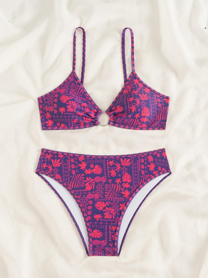 Fanuerg Women's Triangle Bikini Sets O Ring Linked Two Piece Swimsuits Navy Red Floral Printed Cheeky Bathing Suit S - Image 4