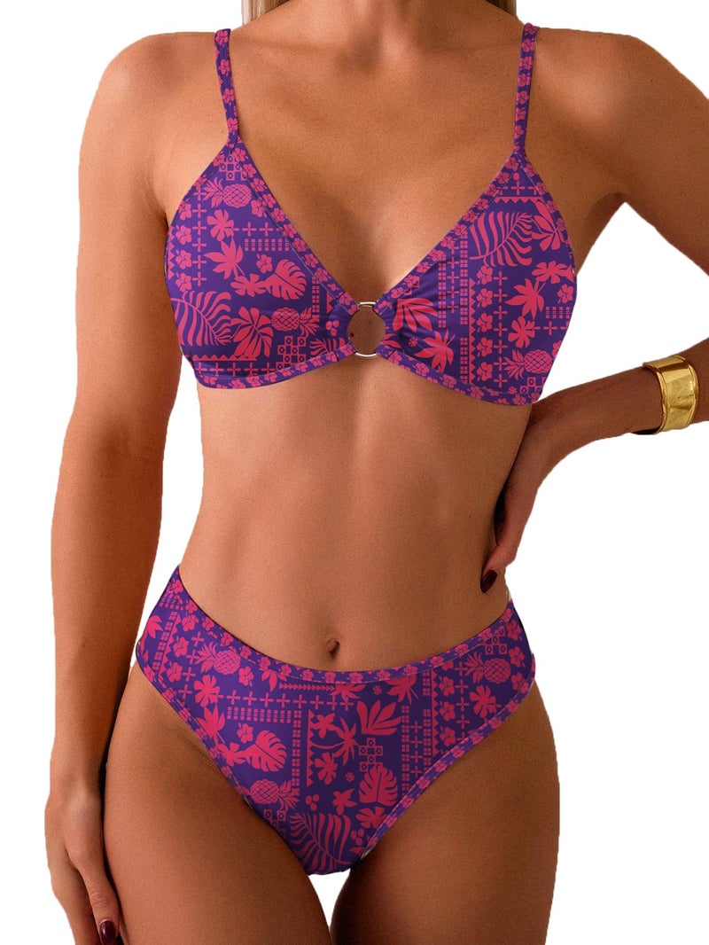 Fanuerg Women's Triangle Bikini Sets O Ring Linked Two Piece Swimsuits Navy Red Floral Printed Cheeky Bathing Suit S - Image 1
