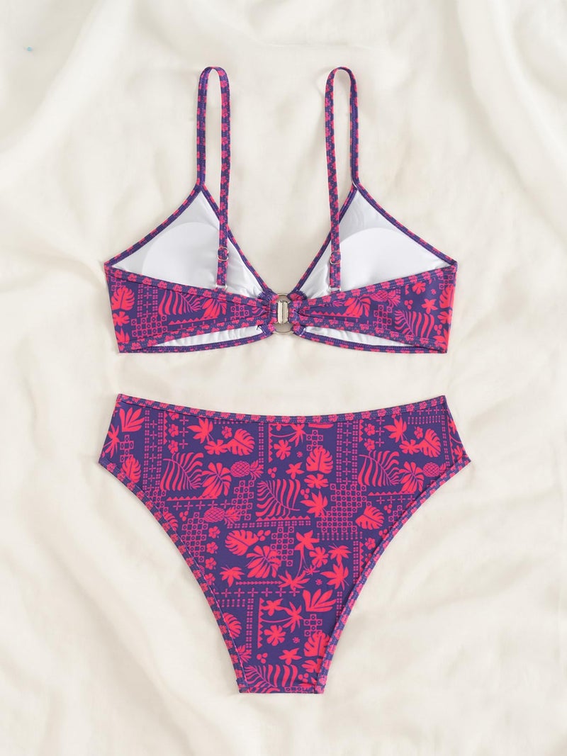 Fanuerg Women's Triangle Bikini Sets O Ring Linked Two Piece Swimsuits Navy Red Floral Printed Cheeky Bathing Suit S - Image 5