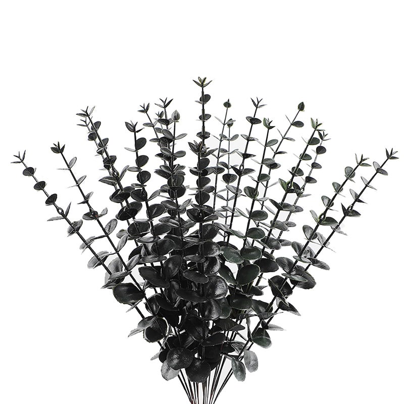ABAJI Plastic Eucalyptus Black Stems 12 Fake Faux Decorations Artificial Leaves Greenery Plant Leaf Home Office House Table Desk Decor Wedding Party Vase Forever Live - Image 1