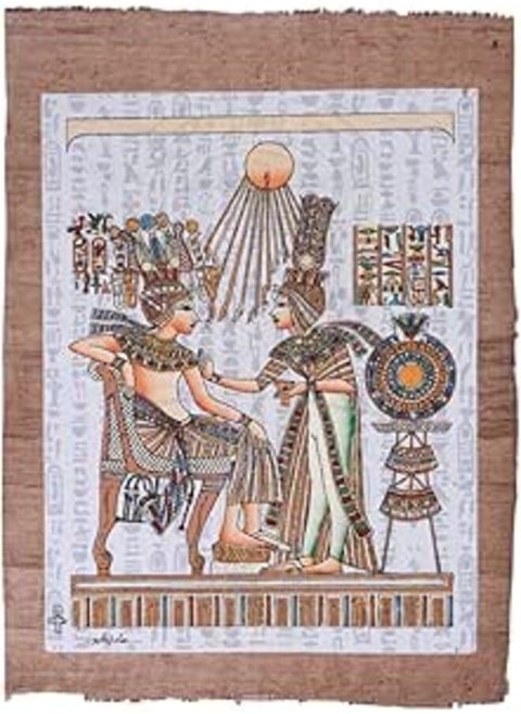 Ancient Egyptian papyrus 30 x 40cm of King Tutankhamun & Queen Ankhesenamun - Queen Ankhesenamun Anointing her Husband with Lotus Oils Glow in the dark made in Egypt with Authentic papyrus Leaves.