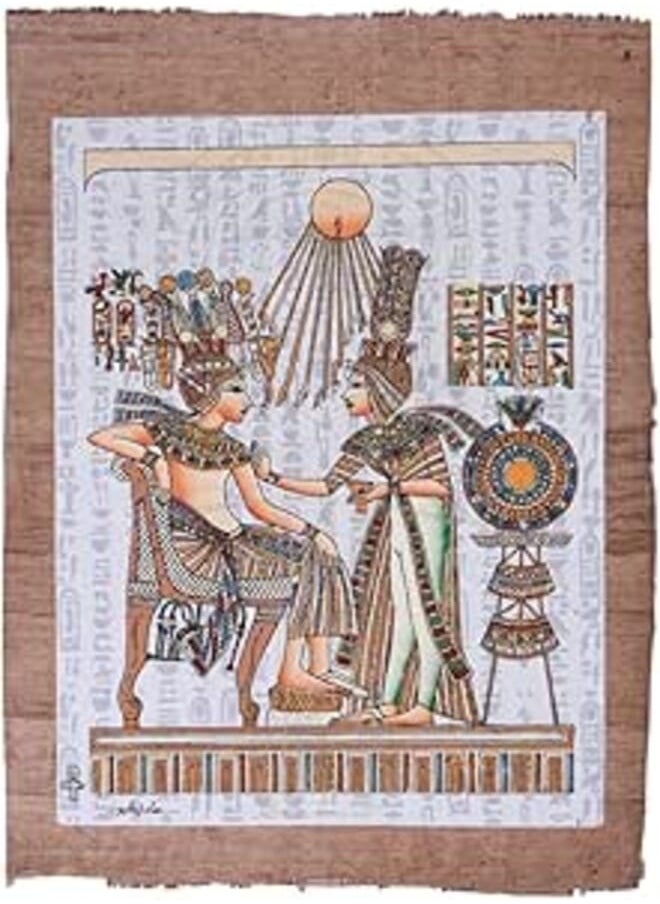 Ancient Egyptian papyrus 30 x 40cm of King Tutankhamun & Queen Ankhesenamun - Queen Ankhesenamun Anointing her Husband with Lotus Oils Glow in the dark made in Egypt with Authentic papyrus Leaves.