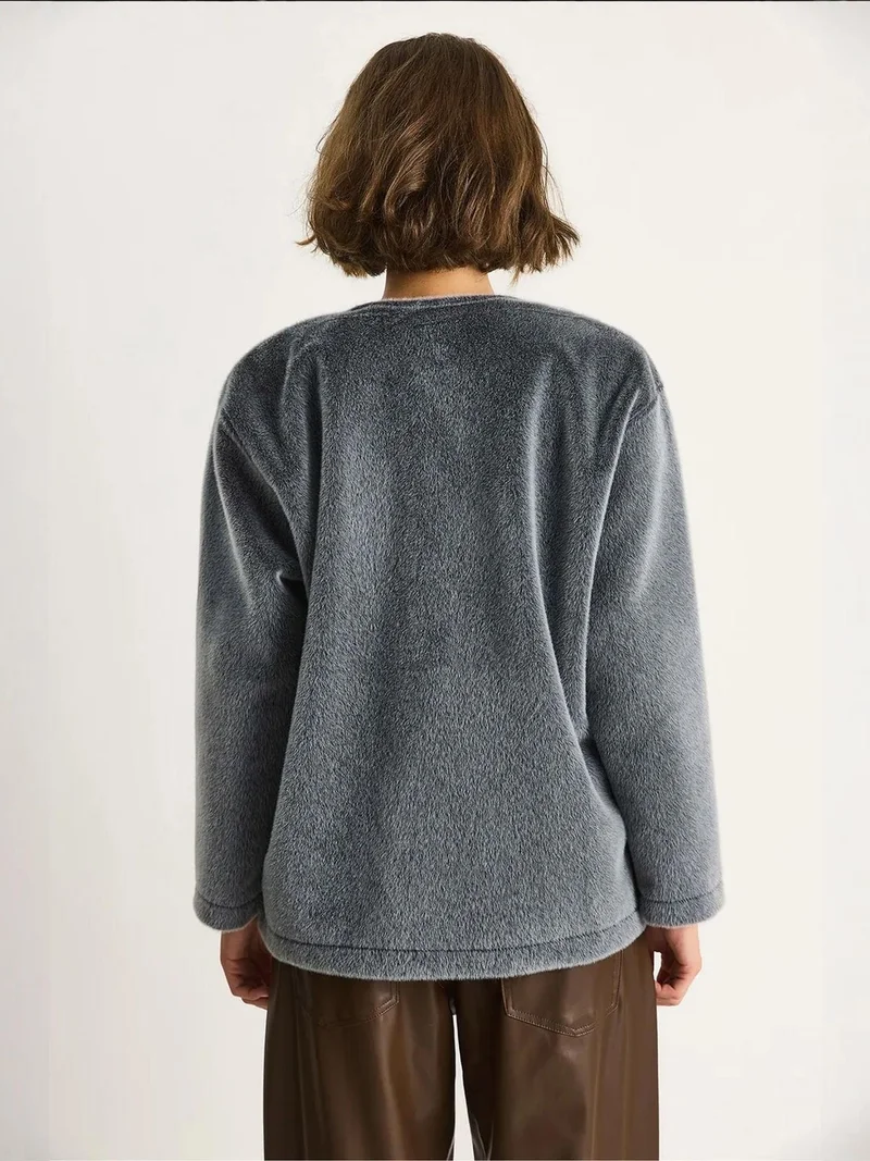 Bianco Lucci LUCCI Textured Gabardine Buttoned Coat with Jacket Collar