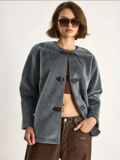 Bianco Lucci LUCCI Textured Gabardine Buttoned Coat with Jacket Collar