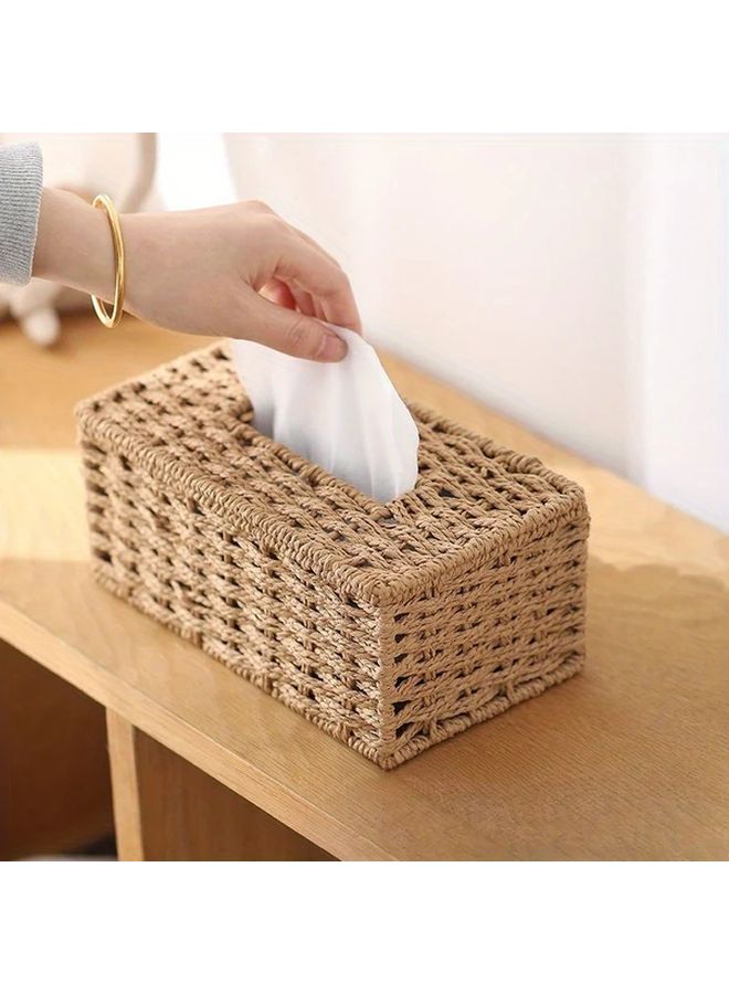 حامل علبة مناديل القهوة محبوك يدويًا بتصميم الخيزران البوهيمي العتيق مع قمة مفتوحة لديكور المنزل - Image 4