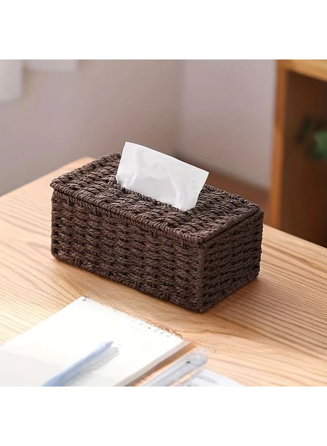 حامل علبة مناديل القهوة محبوك يدويًا بتصميم الخيزران البوهيمي العتيق مع قمة مفتوحة لديكور المنزل - Image 1