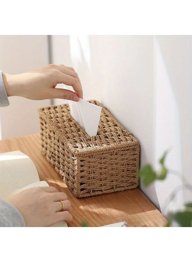 حامل علبة مناديل القهوة محبوك يدويًا بتصميم الخيزران البوهيمي العتيق مع قمة مفتوحة لديكور المنزل - Image 5