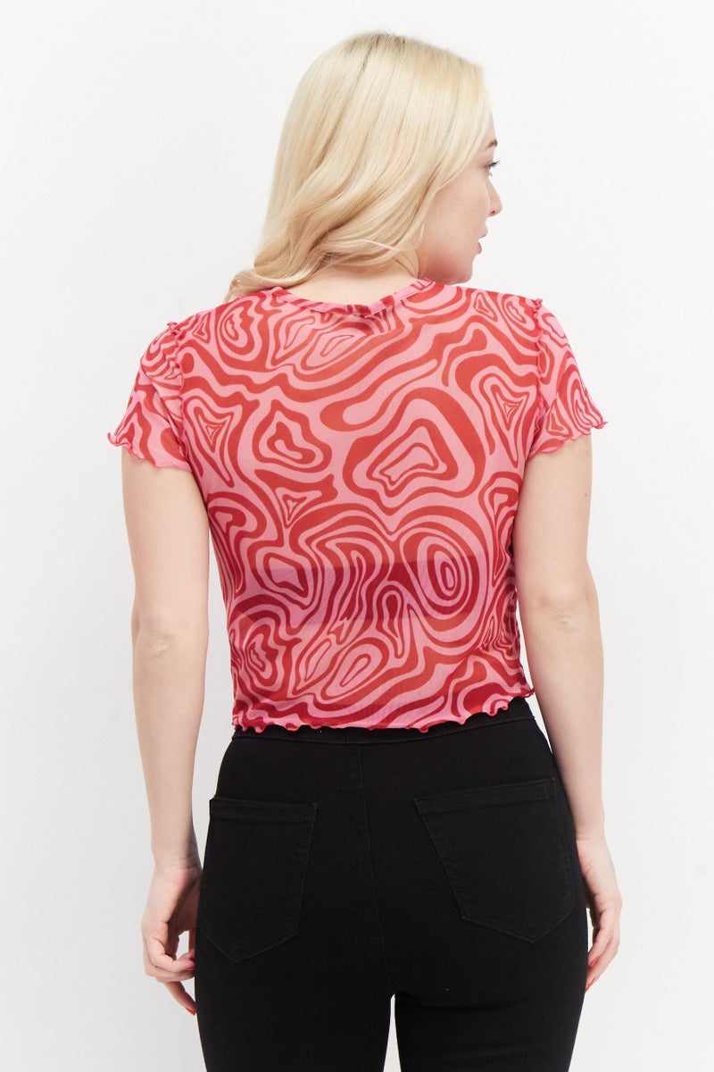 Sinsay Women Round Neck Short Sleeve Allover Print Blouse Top, Pink  - Image 2
