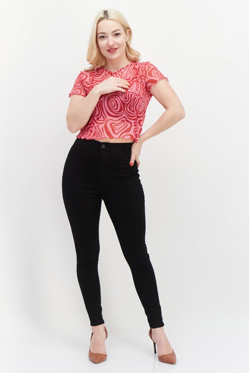 Sinsay Women Round Neck Short Sleeve Allover Print Blouse Top, Pink  - Image 3