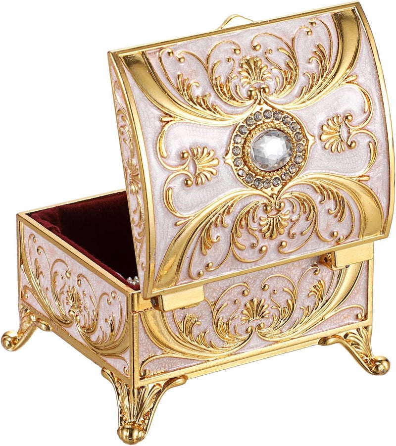 GUSHBIN Small Jewelry Box Treasure Box Vinatge Enamel Trinket Organzier Hand Painted Jewelry Chest Case Golded Metal Jewelry Keepsake Box for Earrings Rings Gift for Christmas Wedding,Beige - Image 1