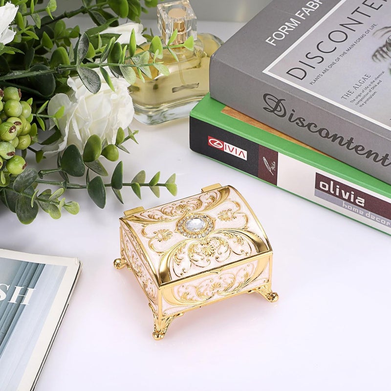 GUSHBIN Small Jewelry Box Treasure Box Vinatge Enamel Trinket Organzier Hand Painted Jewelry Chest Case Golded Metal Jewelry Keepsake Box for Earrings Rings Gift for Christmas Wedding,Beige - Image 4