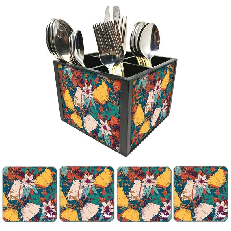 Nutcase حامل أدوات المائدة المصمم - حامل فضيات - منظم ملاعق وشوك وسكاكين مع قواعد معدنية متطابقة - أوراق الخريف - Image 1