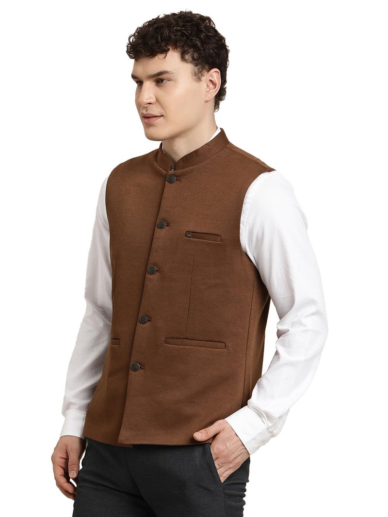 Turtle Men Brown Knitted Solid Party Nehru Jacket - Image 1