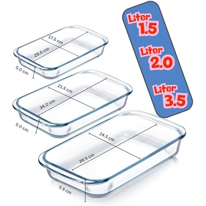 rayihni Glass Baking Dish Set Of 3 Pcs Small 15L Medium 20L Large 35L Rectangular Clear GlassHeat Resistant Microwave Safe Handles Multipurpose Baking Tray Clear Glass Bakeware 15L  20L  35L - Image 4