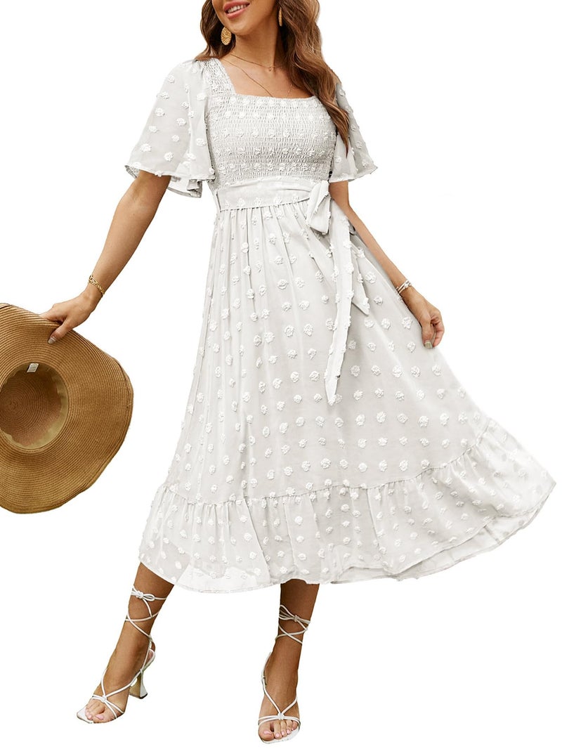 Amegoya Women's Summer Boho Wedding Guest Midi Dress Casual Short Sleeve Square Neck Swiss Dot Smocked Flowy Maxi Dress (White XL) - Image 1