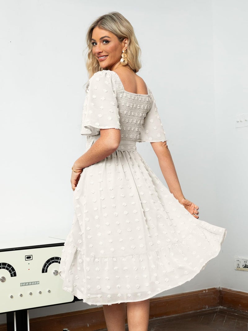 Amegoya Women's Summer Boho Wedding Guest Midi Dress Casual Short Sleeve Square Neck Swiss Dot Smocked Flowy Maxi Dress (White XL) - Image 4