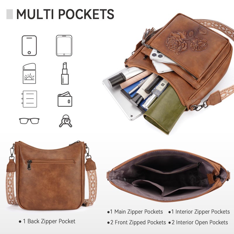 VIMUTI Crossbody Bags for Women Trendy Vegan Leather Hobo Purses for Women Embossed Flower Shoulder Handbags Bucket Bag (02-Brown) - Image 4