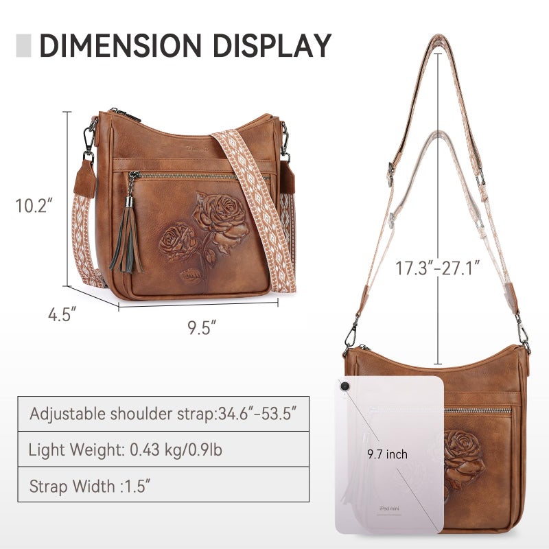 VIMUTI Crossbody Bags for Women Trendy Vegan Leather Hobo Purses for Women Embossed Flower Shoulder Handbags Bucket Bag (02-Brown) - Image 3