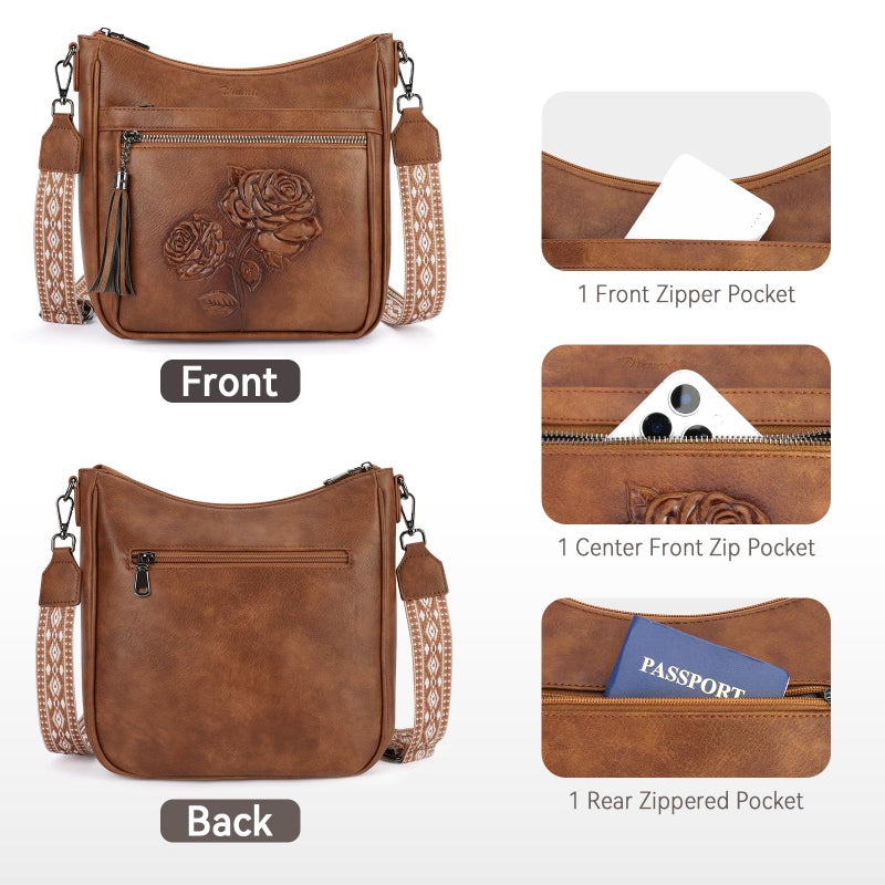 VIMUTI Crossbody Bags for Women Trendy Vegan Leather Hobo Purses for Women Embossed Flower Shoulder Handbags Bucket Bag (02-Brown) - Image 5