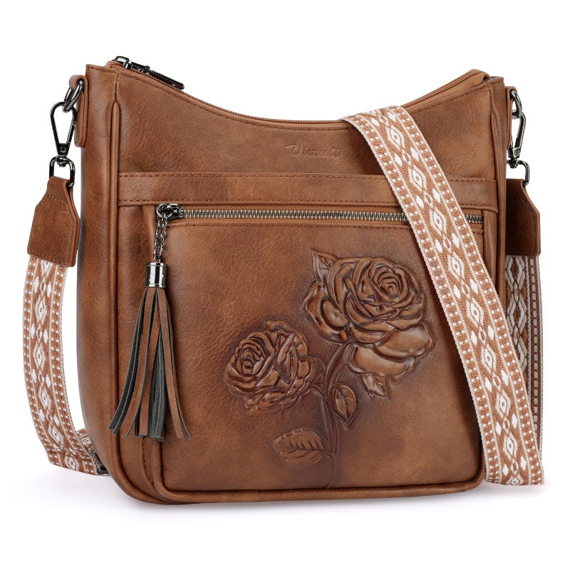 VIMUTI Crossbody Bags for Women Trendy Vegan Leather Hobo Purses for Women Embossed Flower Shoulder Handbags Bucket Bag (02-Brown) - Image 1