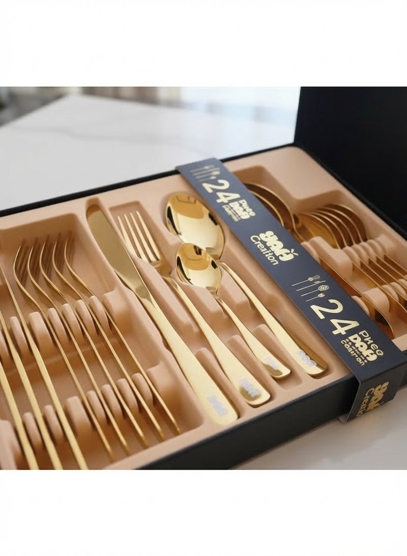 YAH Creation YAH Luxury 24-Piece Golden Stainless Steel Classic Cutlery Set – Mirror-Polished Flatware for Six – World-Class Quality, Ergonomic Design, and Dishwasher-Safe Dinnerware in a Unique Gift Box. - Image 1