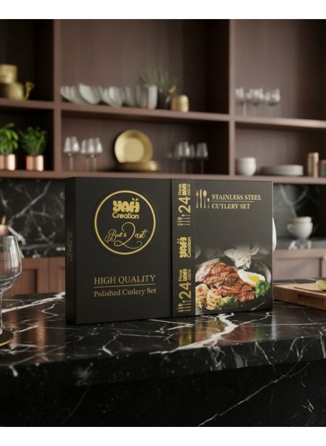 YAH Creation YAH Luxury 24-Piece Golden Stainless Steel Classic Cutlery Set – Mirror-Polished Flatware for Six – World-Class Quality, Ergonomic Design, and Dishwasher-Safe Dinnerware in a Unique Gift Box. - Image 4