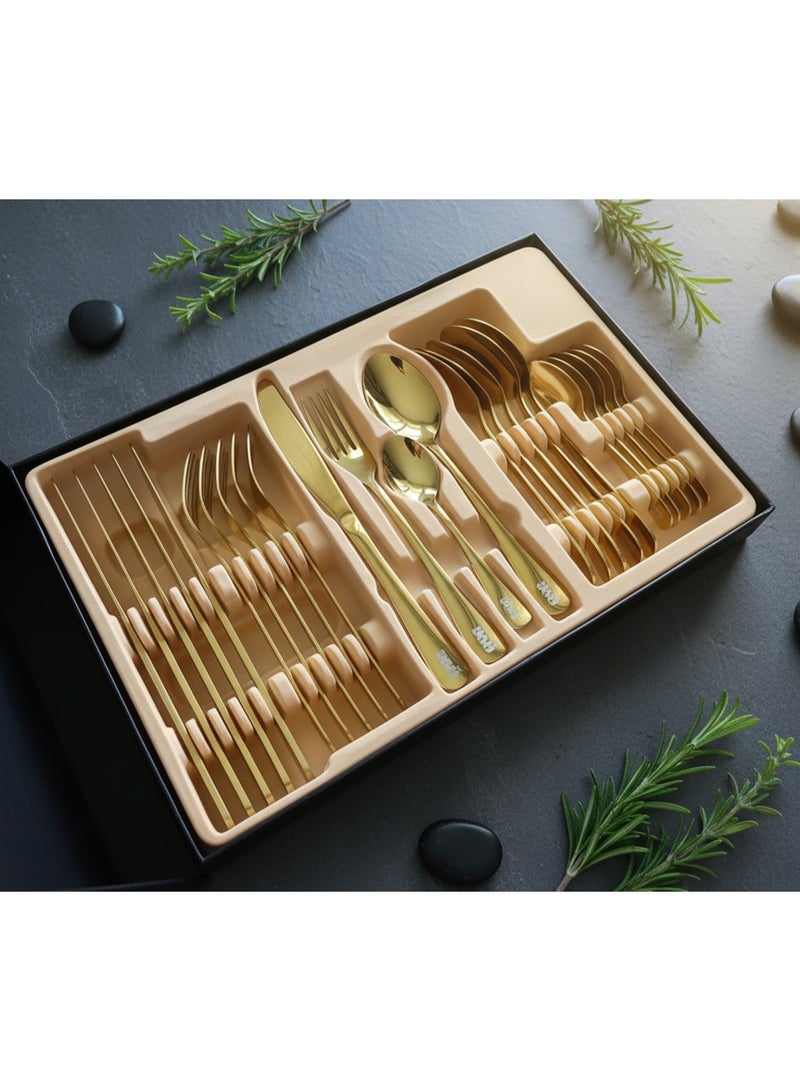 YAH Creation YAH Luxury 24-Piece Golden Stainless Steel Classic Cutlery Set – Mirror-Polished Flatware for Six – World-Class Quality, Ergonomic Design, and Dishwasher-Safe Dinnerware in a Unique Gift Box. - Image 2