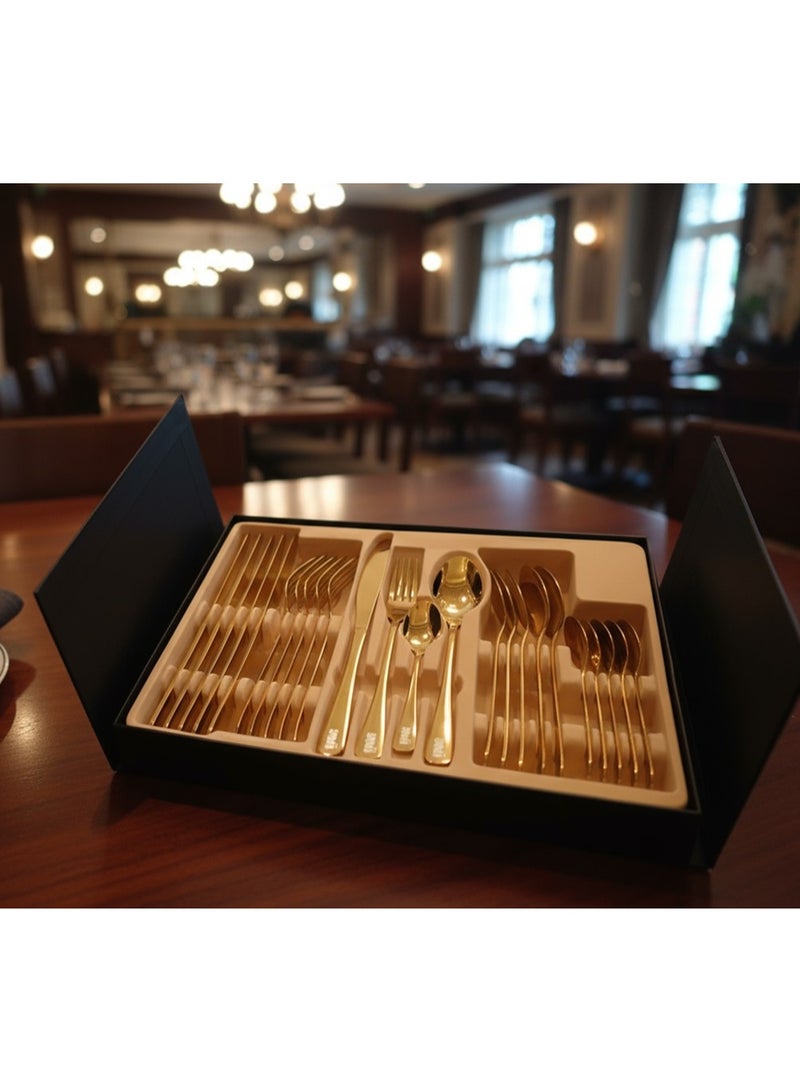 YAH Creation YAH Luxury 24-Piece Golden Stainless Steel Classic Cutlery Set – Mirror-Polished Flatware for Six – World-Class Quality, Ergonomic Design, and Dishwasher-Safe Dinnerware in a Unique Gift Box. - Image 3