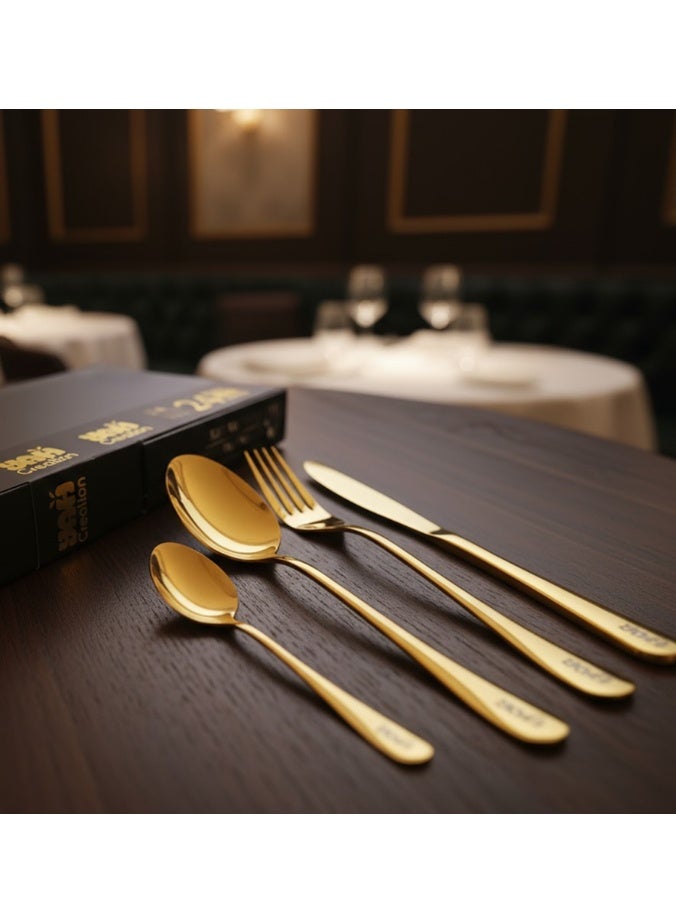 YAH Creation YAH Luxury 24-Piece Golden Stainless Steel Classic Cutlery Set – Mirror-Polished Flatware for Six – World-Class Quality, Ergonomic Design, and Dishwasher-Safe Dinnerware in a Unique Gift Box. - Image 5